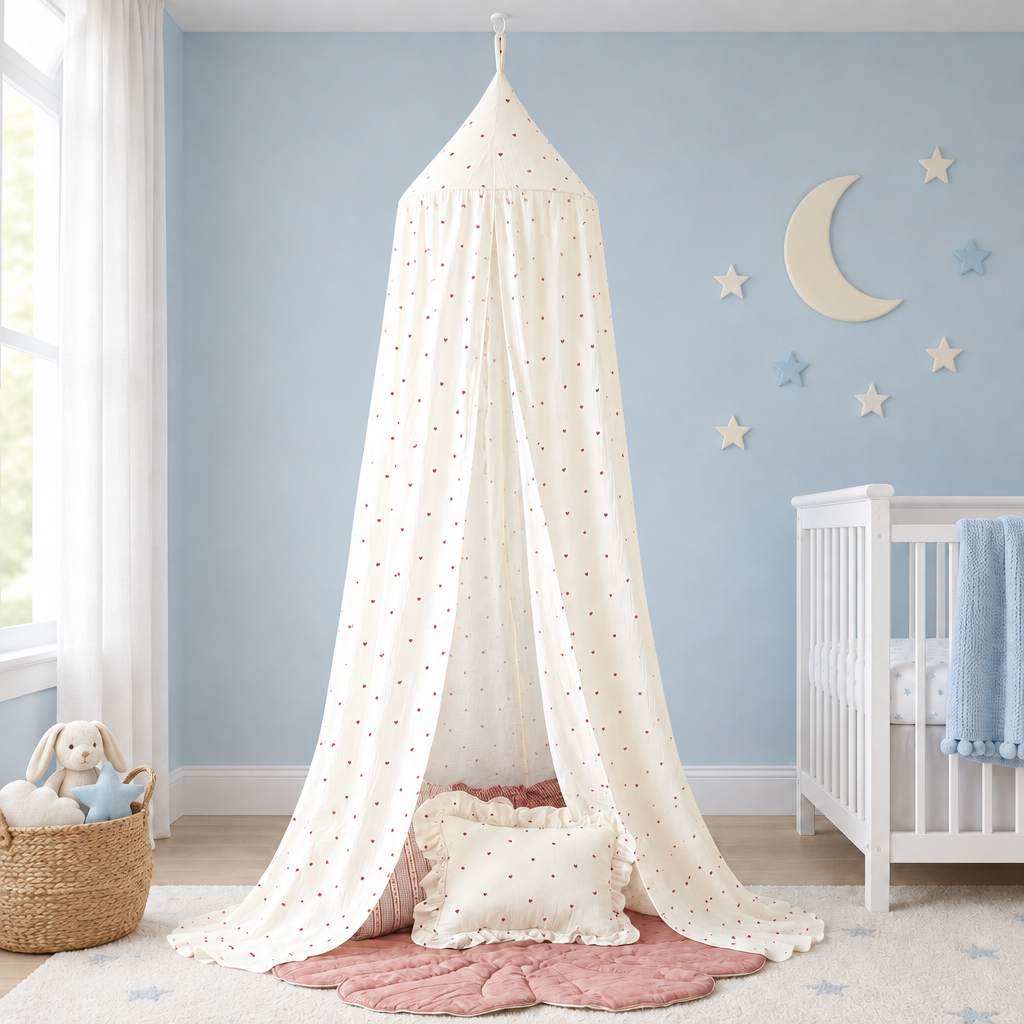 Ciel de lit bébé Sweet Hearts sans volant dans une chambre bleu doux