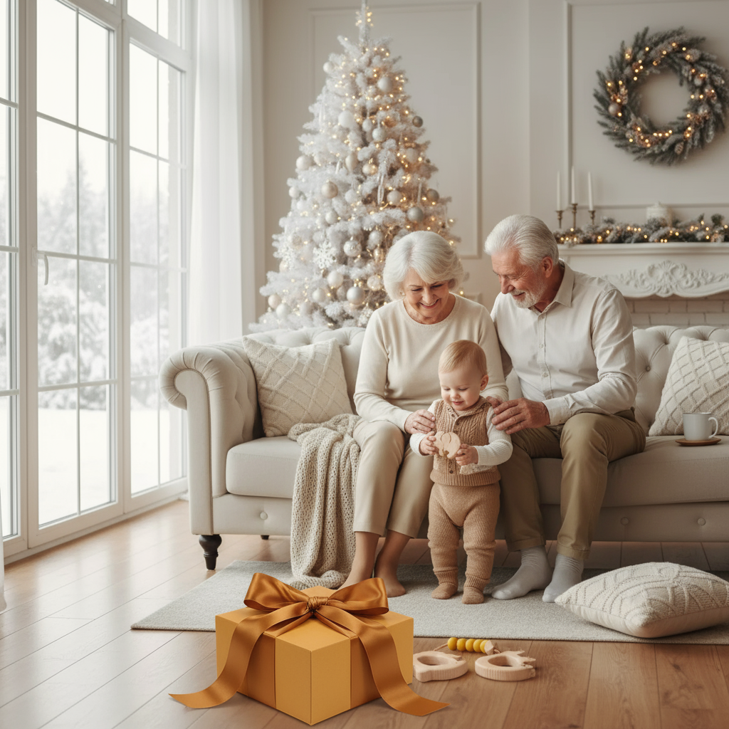 Grands-parents et bébé avec coffret
