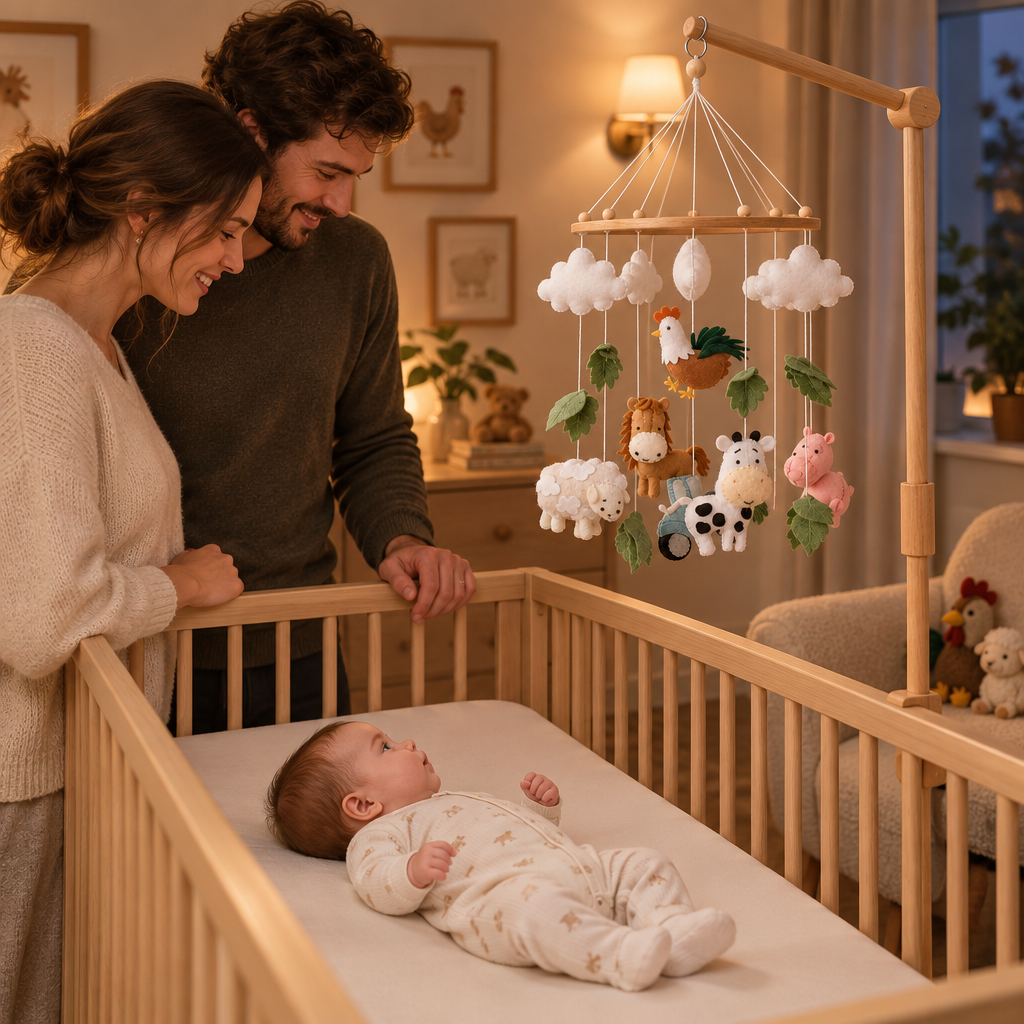 Vue de côté du mobile bébé Ferme dans une chambre avec les parents