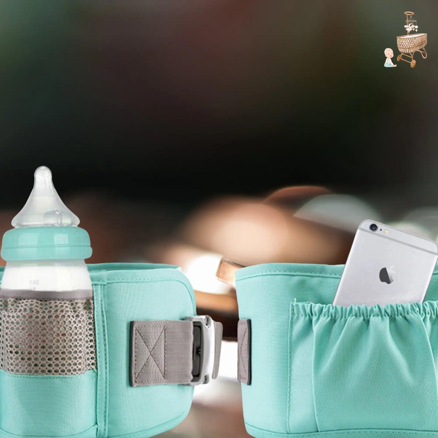 Ceinture porte-bébé turquoise avec poche pour biberon et smartphone, accessoire voyage bébé