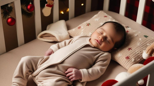 Bébé dormant paisiblement dans son lit bébé décoré pour Noël, tenue beige, ambiance chaleureuse