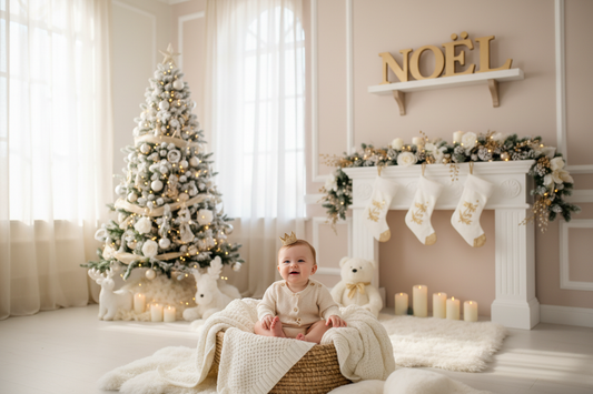 Bébé assis devant sapin de Noël pastel, chambre décorée, cheminée, décorations festives