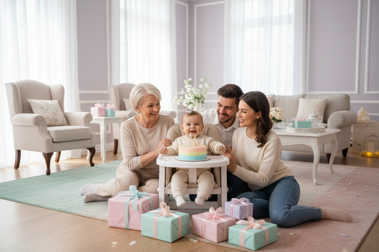 Bébé de six mois fêtant son anniversaire, entouré de sa famille et de cadeaux.