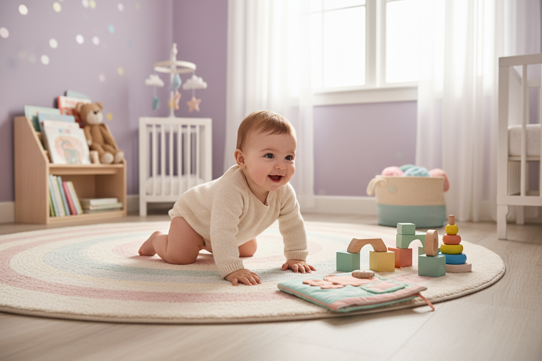 Bébé qui rampe sur un tapis rond pastel dans une chambre de bébé, jouets d'éveil colorés