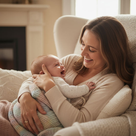 Maman souriante tenant un bébé heureux dans un salon cosy près d'une fenêtre, ambiance chaleureuse.