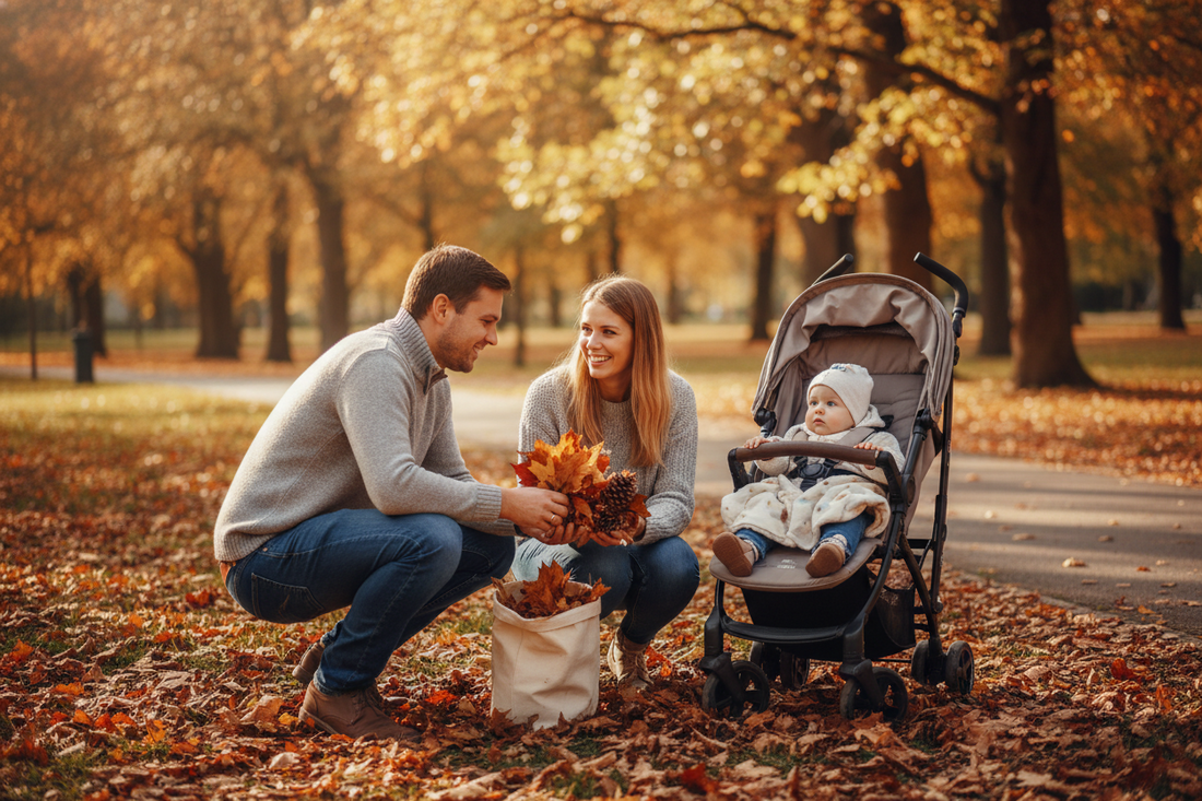 Famille ramassant des feuilles et pommes de pin en automne dans un parc, poussette bébé