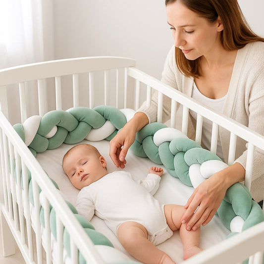 Bébé dormant dans un lit à barreaux avec tour de lit tressé vert et blanc, femme attentive