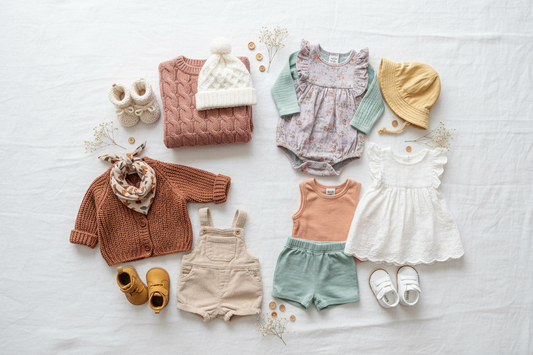 Vêtements bébé fille colorés et accessoires, tenues saisonnières sur fond blanc