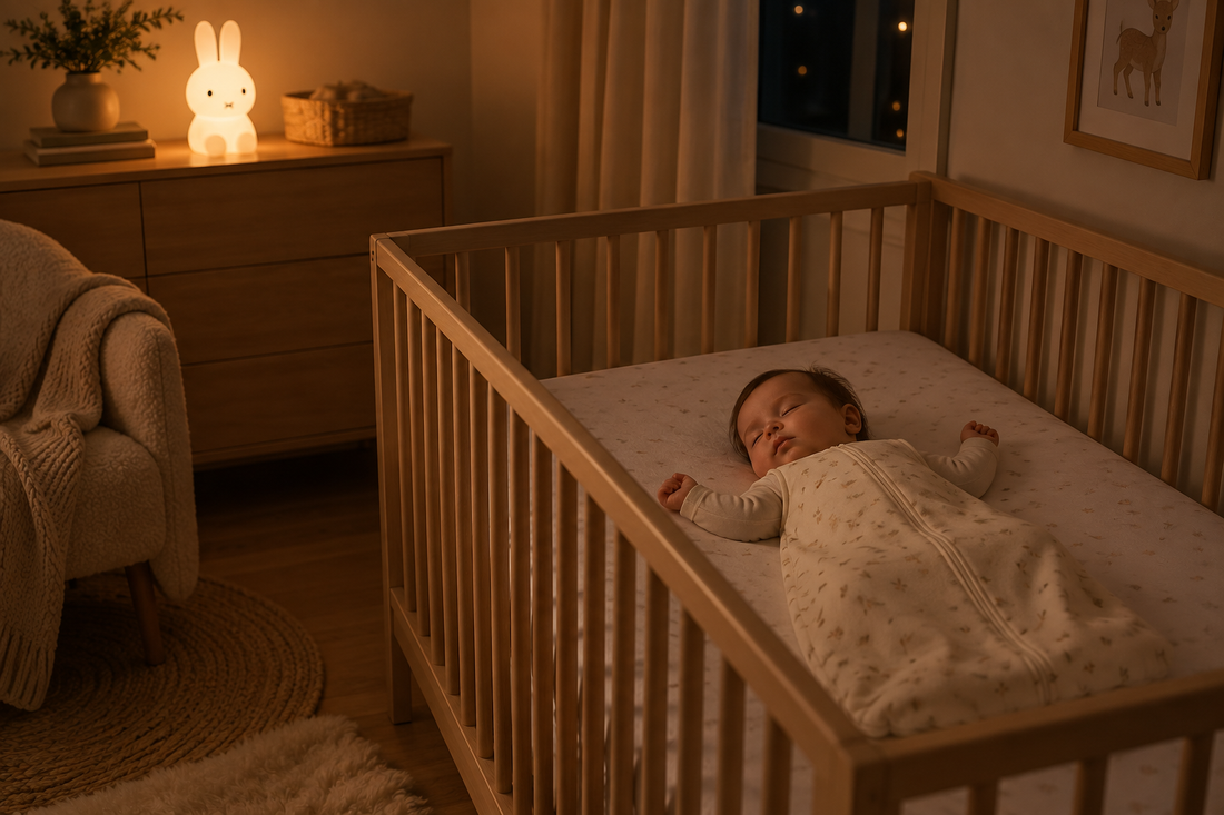 Veilleuse bébé à lumière douce placée hors de portée près d’un lit sécurisé