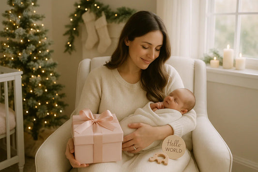 Maman tenant un nouveau-né emmailloté, cadeau rose, décor de Noël lumineux et chaleureux