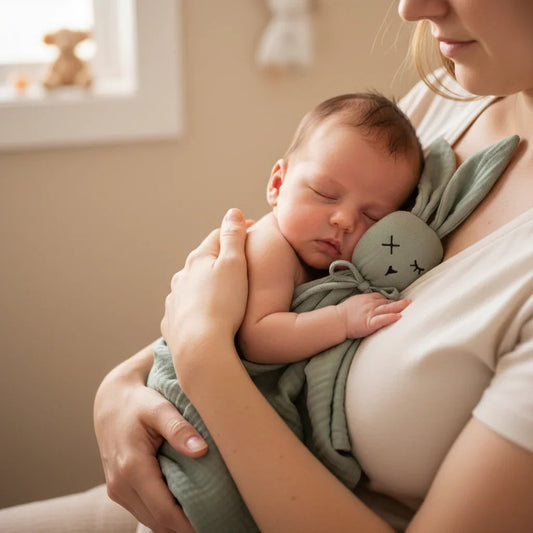 Maman tenant tendrement son bébé endormi avec son doudou lapin