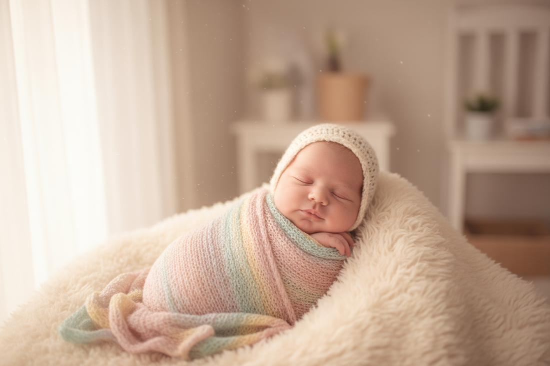 Nouveau-né dormant, emmailloté dans une couverture pastel, bonnet tricoté, ambiance douce