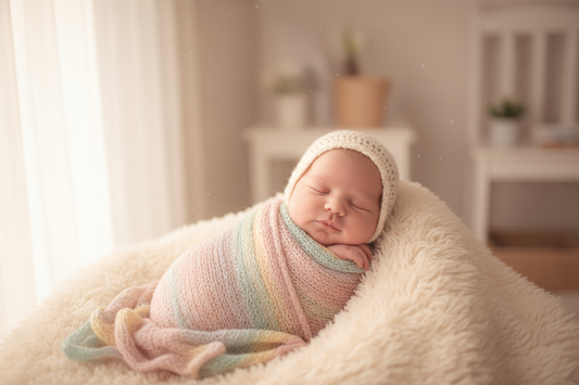 Nouveau-né dormant, emmailloté dans une couverture pastel, bonnet tricoté, ambiance douce