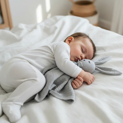 Bébé endormi avec doudou lapin blanc et gris sur un drap blanc