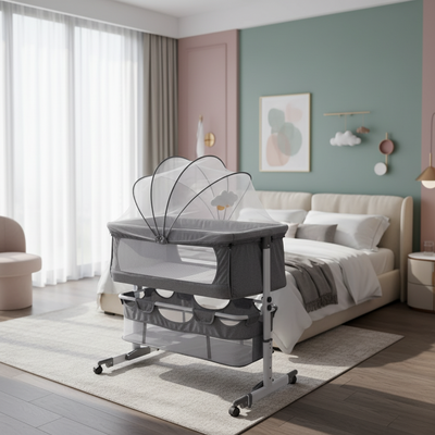 Berceau cododo luxe gris avec moustiquaire dans une chambre moderne lumineuse