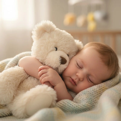 Bébé dormant paisiblement avec une peluche ourson crème dans un lit, ambiance douce