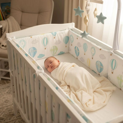 Nourrisson dormant dans un lit bébé blanc avec tour de lit montgolfière et mobile étoiles.