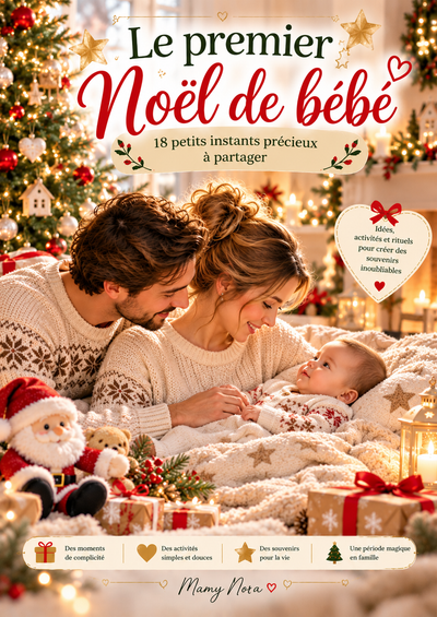 Couverture de l’e-book Le premier Noël de bébé : parents et bébé réunis dans une ambiance chaleureuse de Noël.