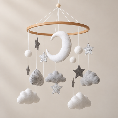 Détail des étoiles argentées et nuages du mobile bébé Lune & Étoiles