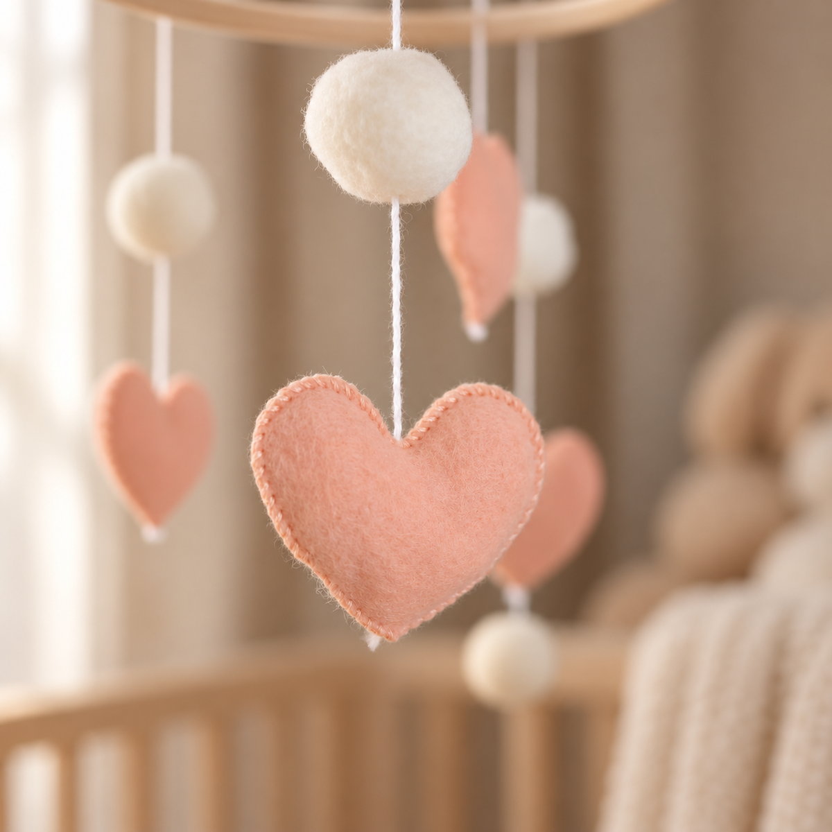 Vue rapprochée de l’anneau en bois du mobile bébé Petits Cœurs avec pompons roses et crème