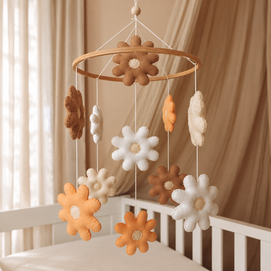 Gros plan sur une fleur blanche du mobile bébé artisanal Fleurs