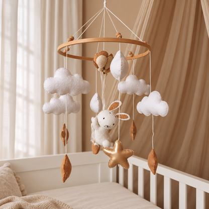 Mobile bébé artisanal Lapin dans une chambre douce avec anneau en bois et décor en feutre