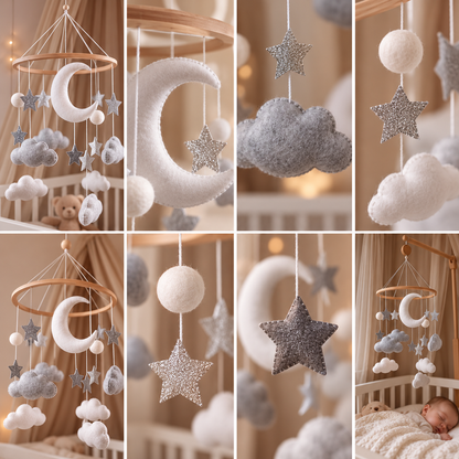 Détail du mobile bébé artisanal Lune & Étoiles en feutre blanc, gris et argenté