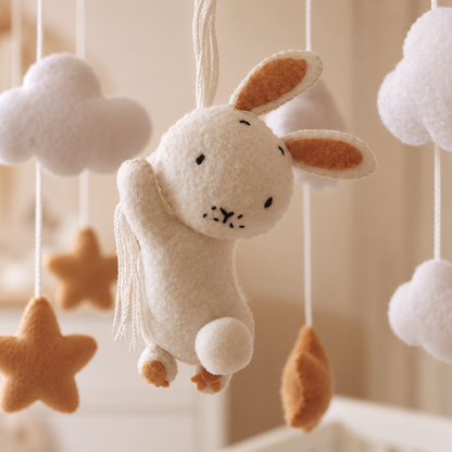 Détail d’un nuage blanc et d’une étoile dorée sur le mobile bébé Lapin