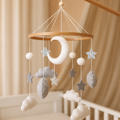 Mobile bébé artisanal Lune & Étoiles avec lune blanche, nuages et étoiles en feutre
