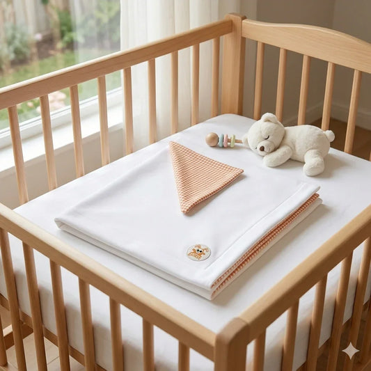 Couverture_b_b_Family_First_Baby_en_coton_bio_blanc_clatant_pli_e_avec_un_coin_en_vichy_orange_et_un_patch_logo_lapin_orange_isol_e_sur_fond_blanc.
