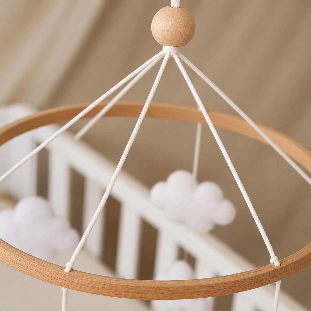 Détail de l’attache en bois du mobile bébé artisanal Nuages