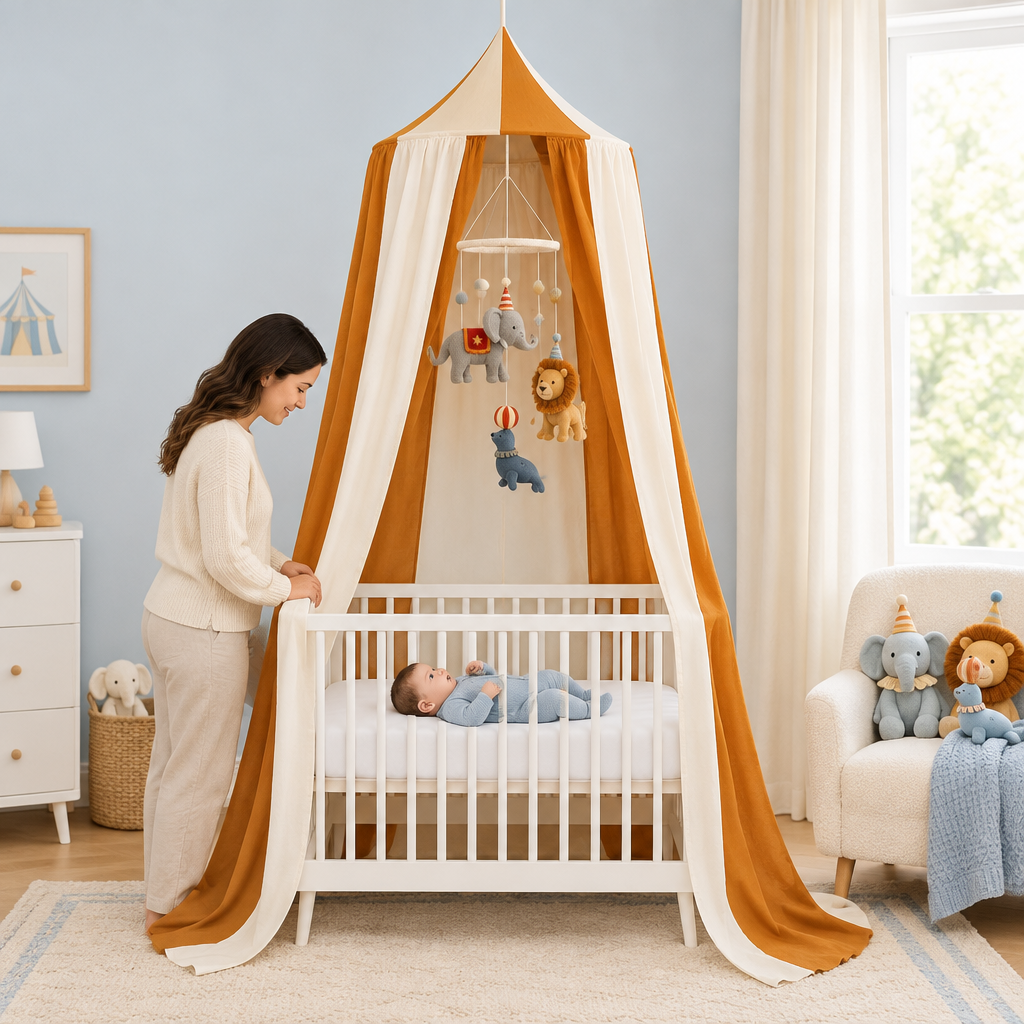 Bébé avec ciel de lit Caramel Circus et mobile cirque dans une chambre bleu doux