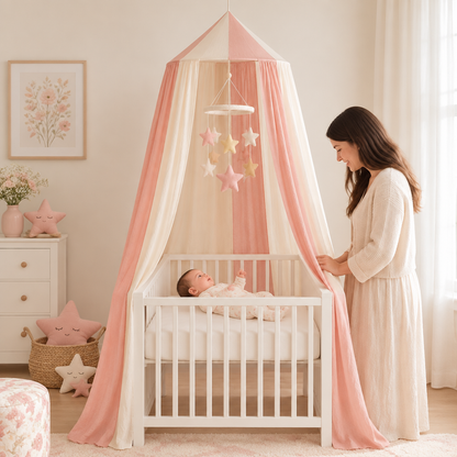 Bébé avec ciel de lit rose poudré et mobile étoiles dans une chambre fleurie