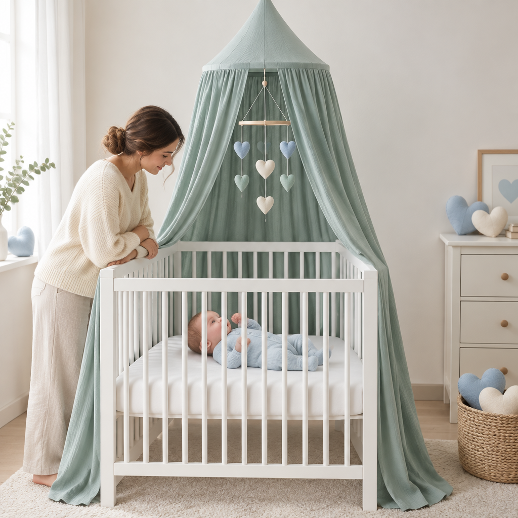 Bébé avec ciel de lit vert menthe et mobile cœurs dans une chambre bleu doux