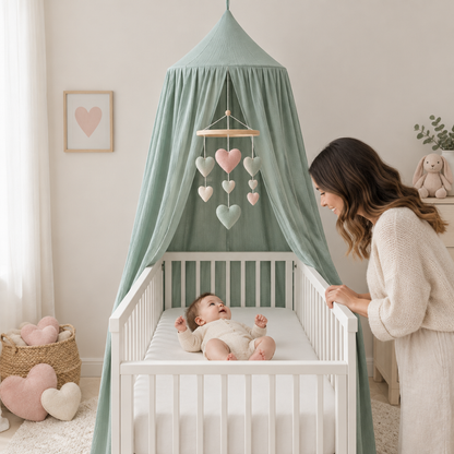 Bébé avec ciel de lit vert menthe et mobile cœurs dans une chambre rose poudré