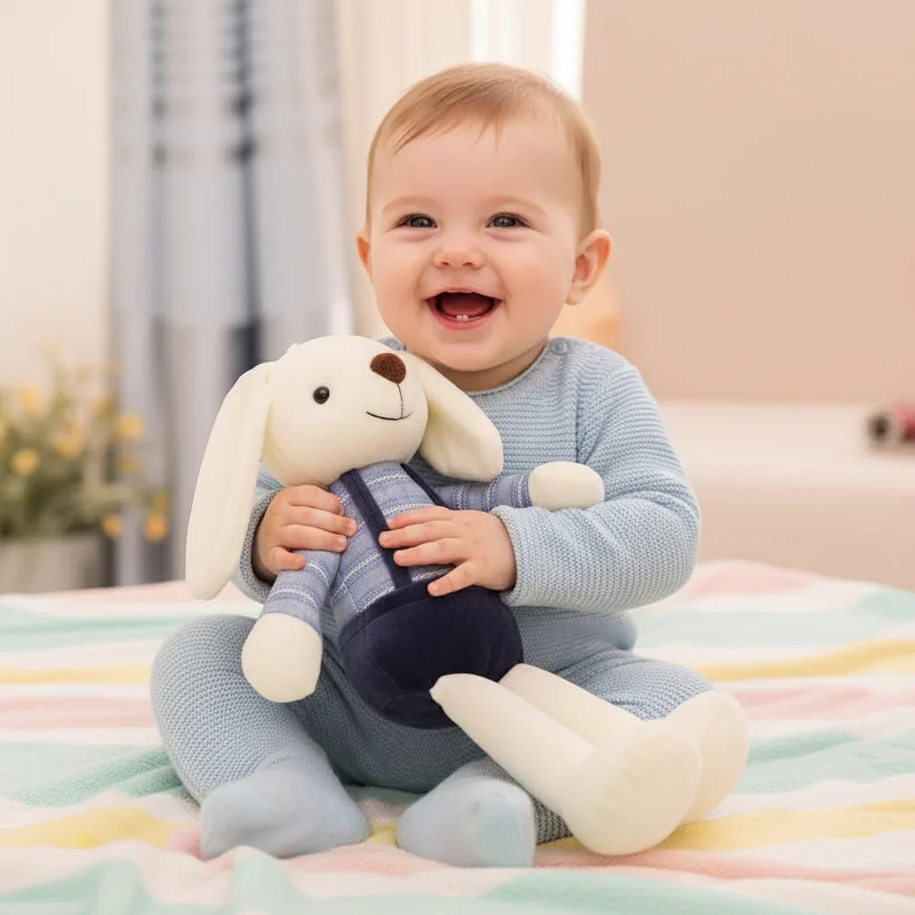 Bébé câlinant la peluche lapin
