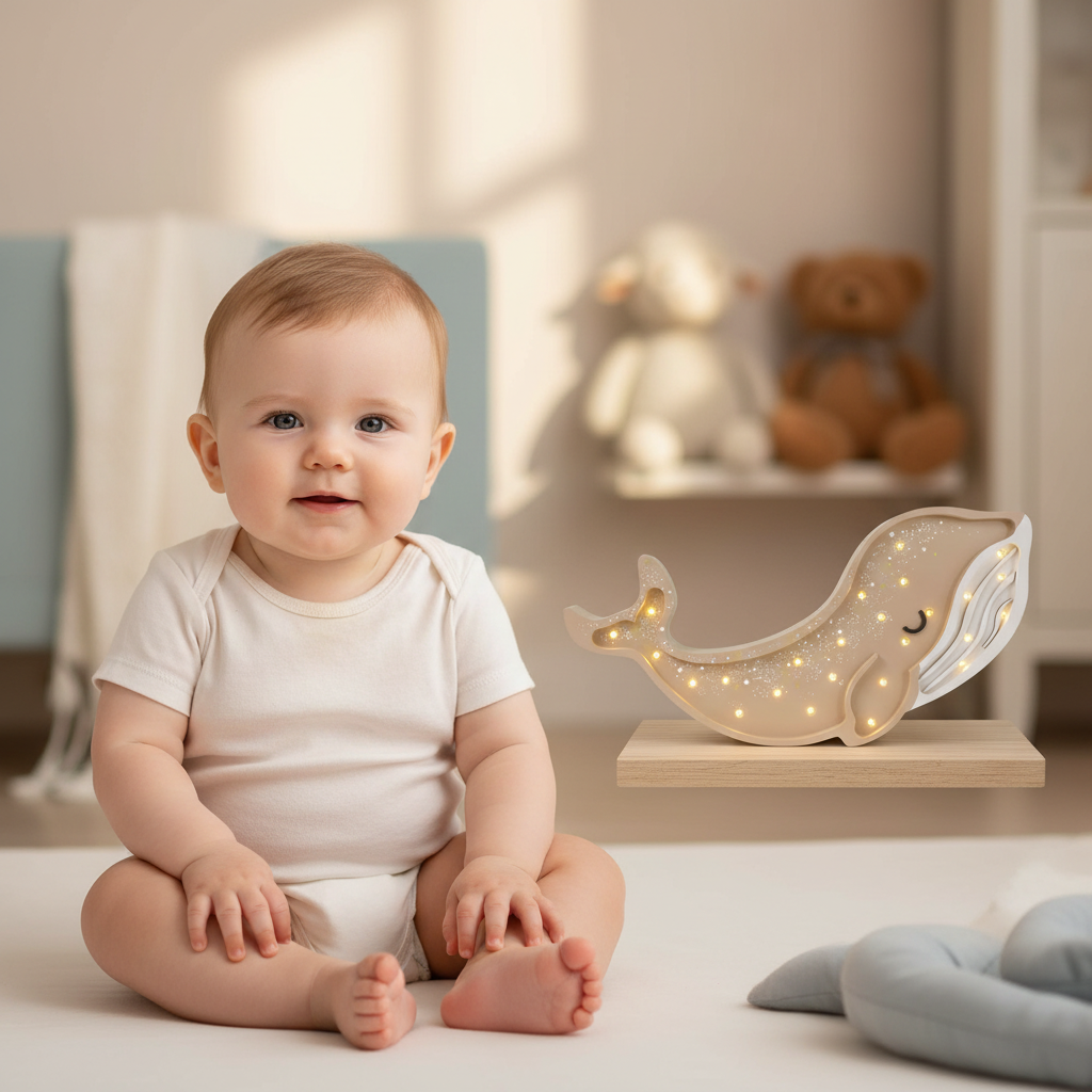 Veilleuse bébé Baleine beige près d’un bébé