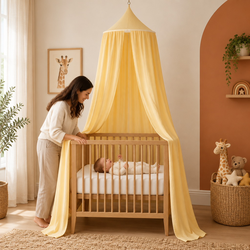 Bébé dans son lit avec ciel de lit jaune beurre et décoration safari