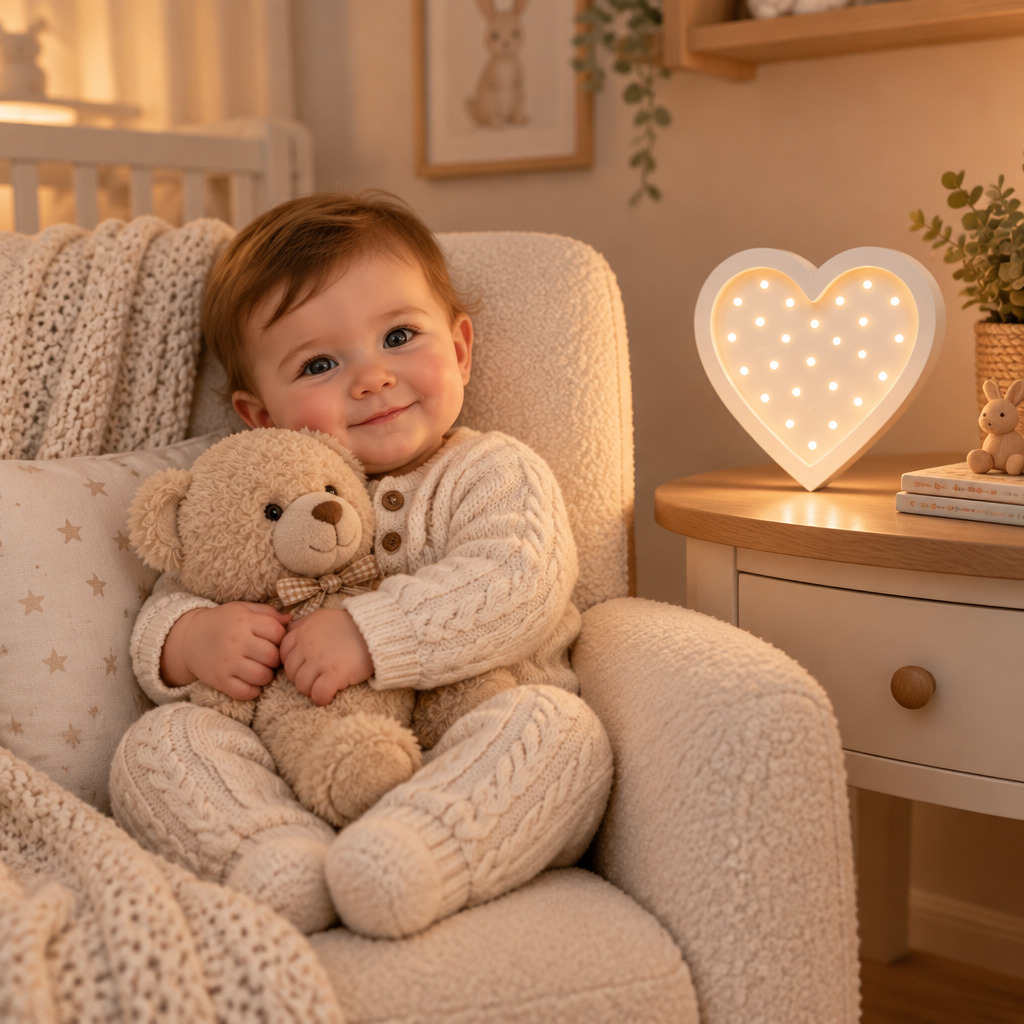 Bébé assis dans un fauteuil avec une peluche et la veilleuse Cœur allumée