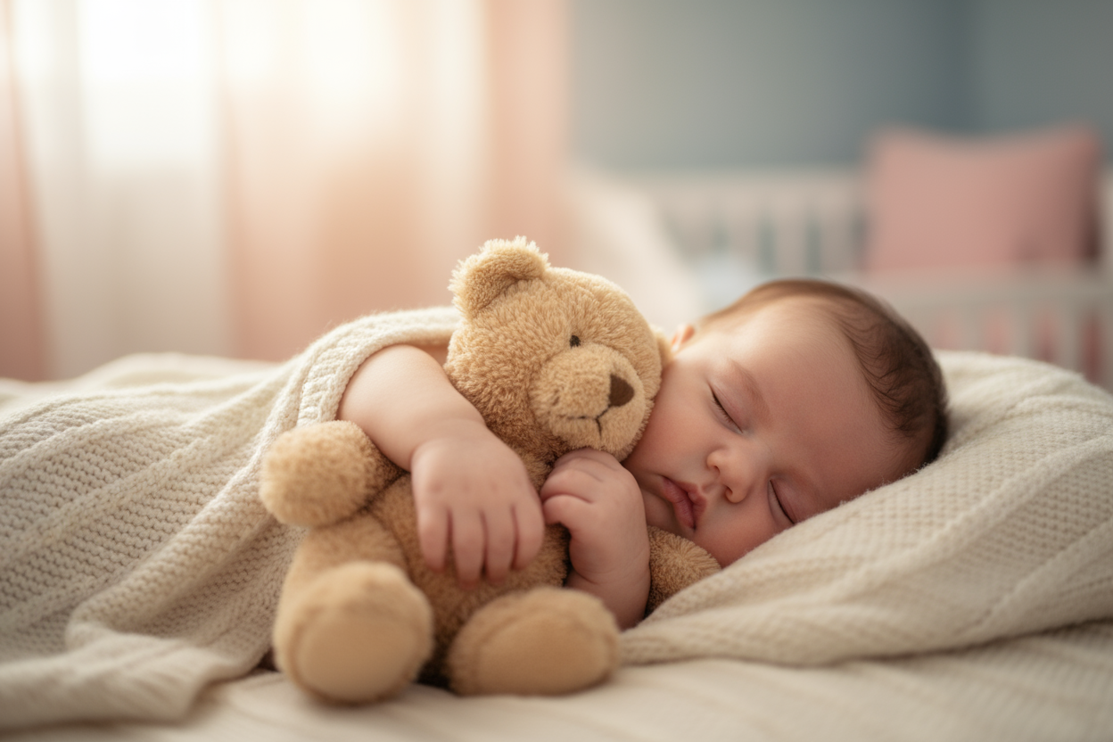 Bébé endormi avec son nounours