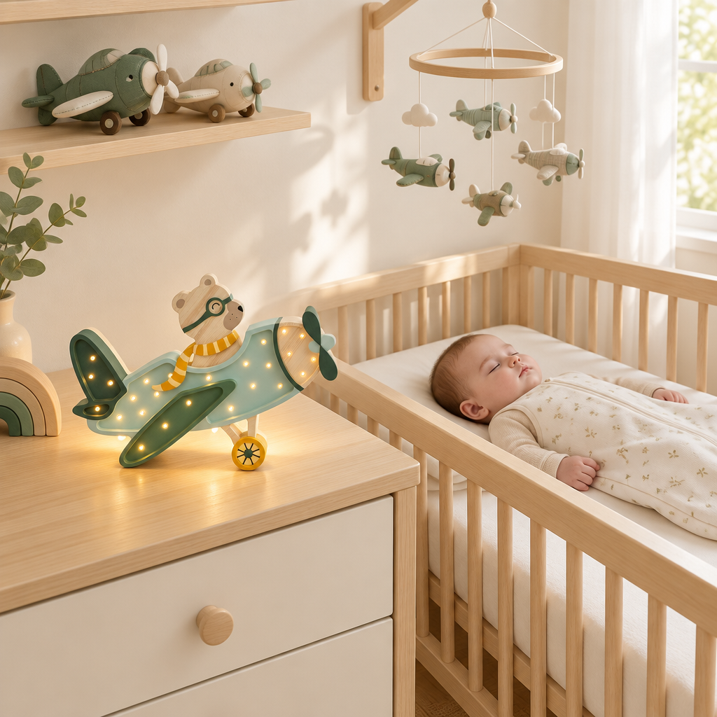Bébé endormi avec veilleuse Avion verte et mobile avions