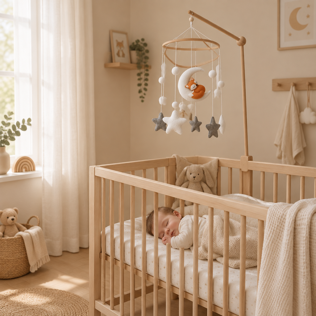 Bébé endormi sous le mobile bébé artisanal Renard dans son berceau