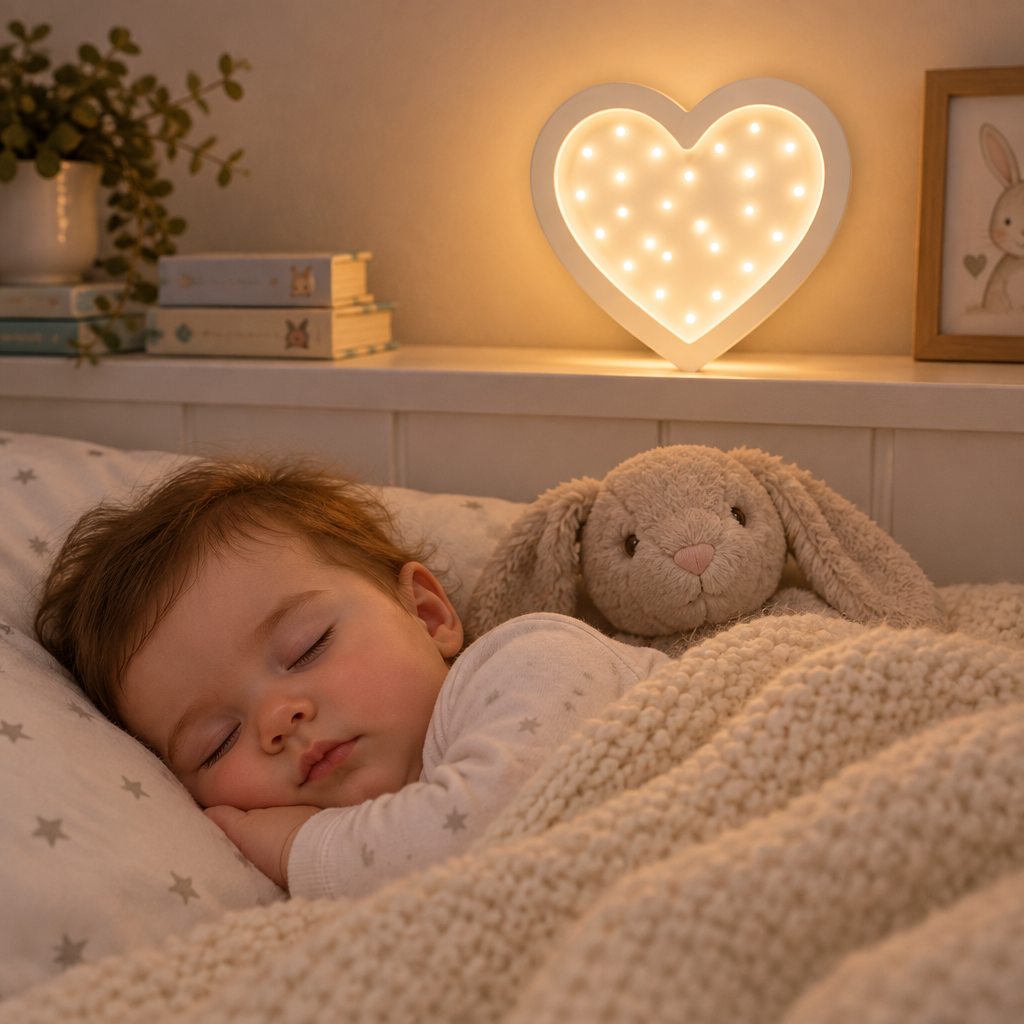 Bébé endormi sous une couverture tricotée près de la veilleuse Cœur