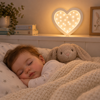 Bébé endormi sous une couverture tricotée près de la veilleuse Cœur
