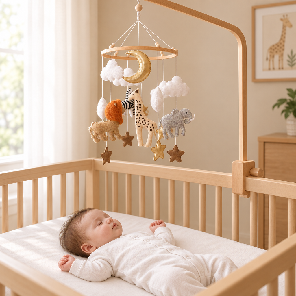 Bébé endormi sous le mobile Safari suspendu au-dessus du lit