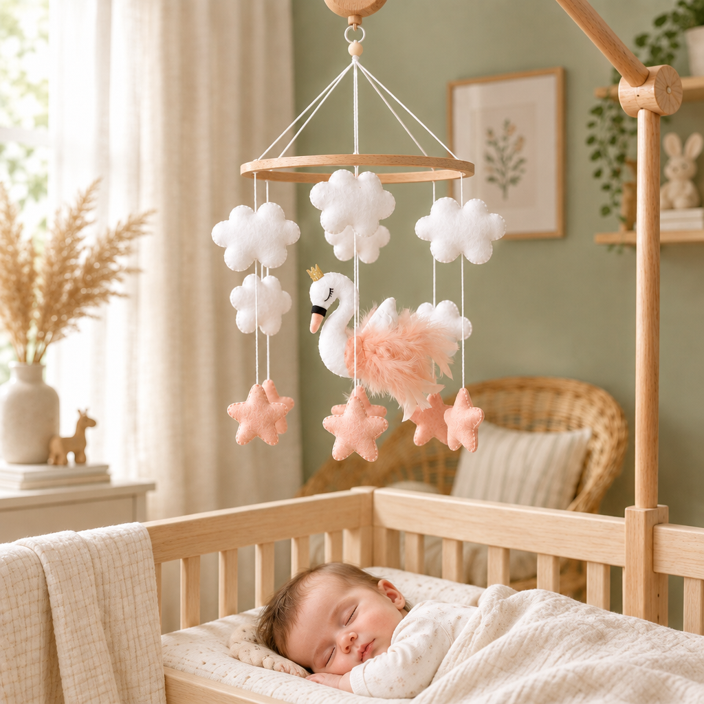 Bébé dans une chambre nature avec le mobile Cygne rose suspendu au-dessus du lit