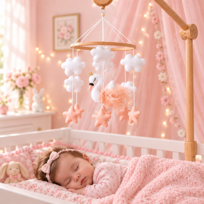 Bébé sous le mobile Cygne rose dans une chambre pastel rose
