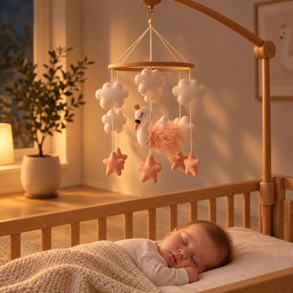 Mobile bébé Cygne rose dans une chambre minimaliste au moment du coucher