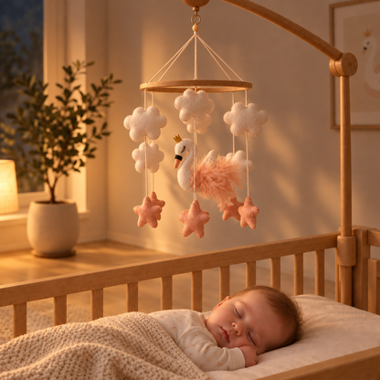 Mobile bébé Cygne rose dans une chambre minimaliste au moment du coucher