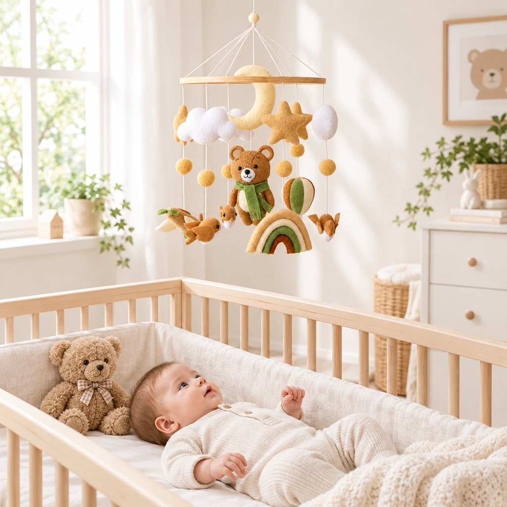 Bébé observant le mobile bébé artisanal Ourson d’automne depuis son lit